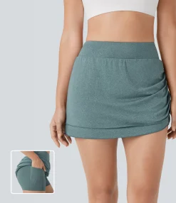 Mini Skirts<HALARA High Waisted Ruched Asymmetric Hem 2-in-1 Pocket Mini Yoga Skirt