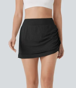 Mini Skirts<HALARA High Waisted Ruched Asymmetric Hem 2-in-1 Pocket Mini Yoga Skirt