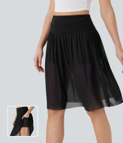 Skirts<HALARA High Waisted Ruched 2-in-1 Contrast Mesh Flowy Midi Casual Skirt with Pockets