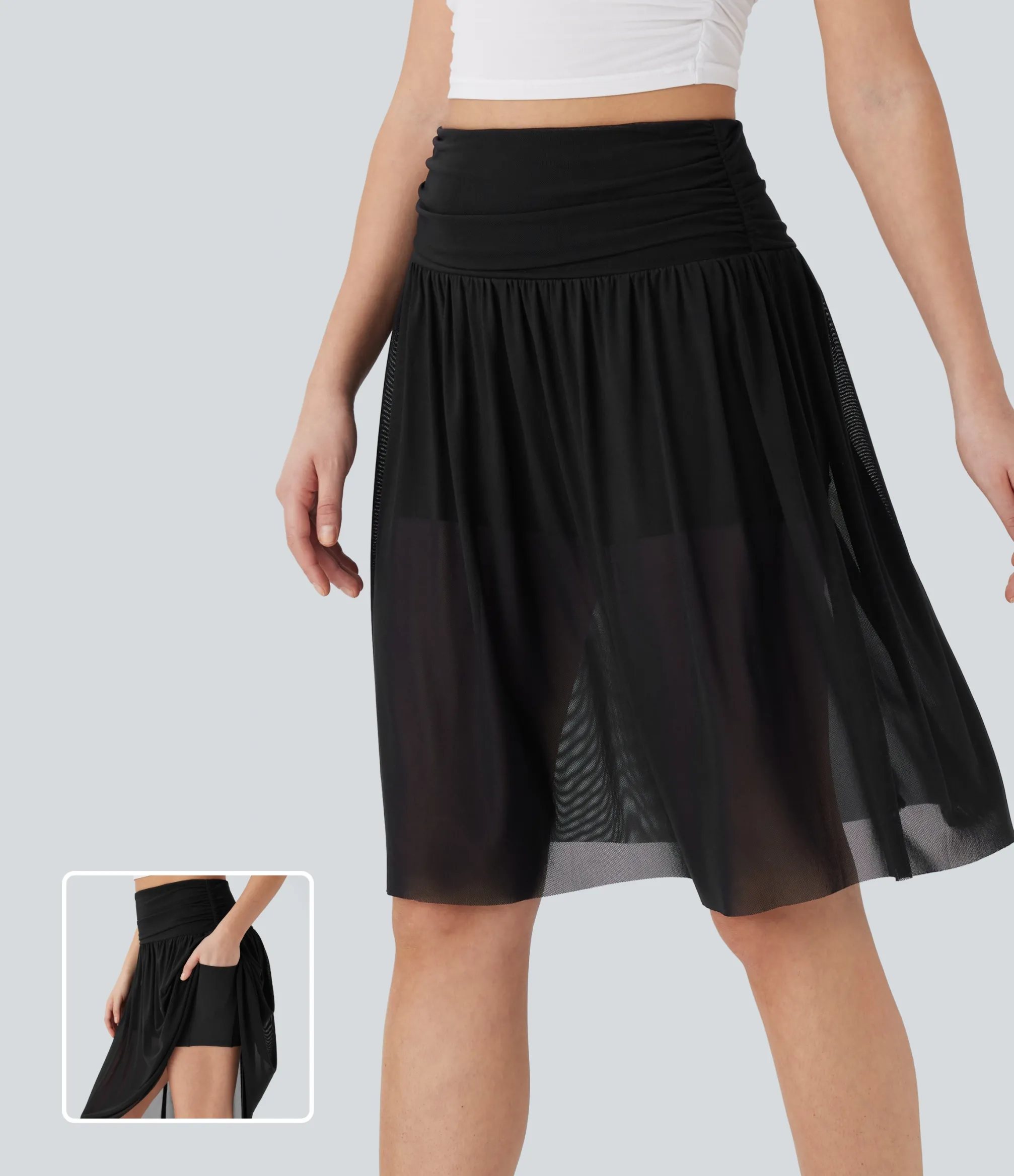 Skirts<HALARA High Waisted Ruched 2-in-1 Contrast Mesh Flowy Midi Casual Skirt with Pockets