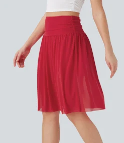 Skirts<HALARA High Waisted Ruched 2-in-1 Contrast Mesh Flowy Midi Casual Skirt with Pockets