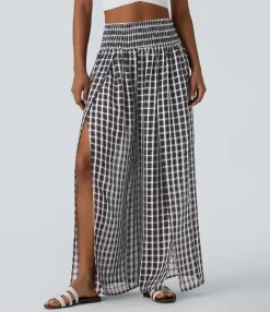 High-Waisted Pants|Wide-Leg Pants<HALARA High Waisted Shirred Plaid Flowy Casual Wide Leg Pants