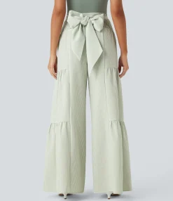 High-Waisted Pants|Wide-Leg Pants<HALARA High Waisted Tie Back Shirred Wide Leg Flowy Stripe Casual Pants