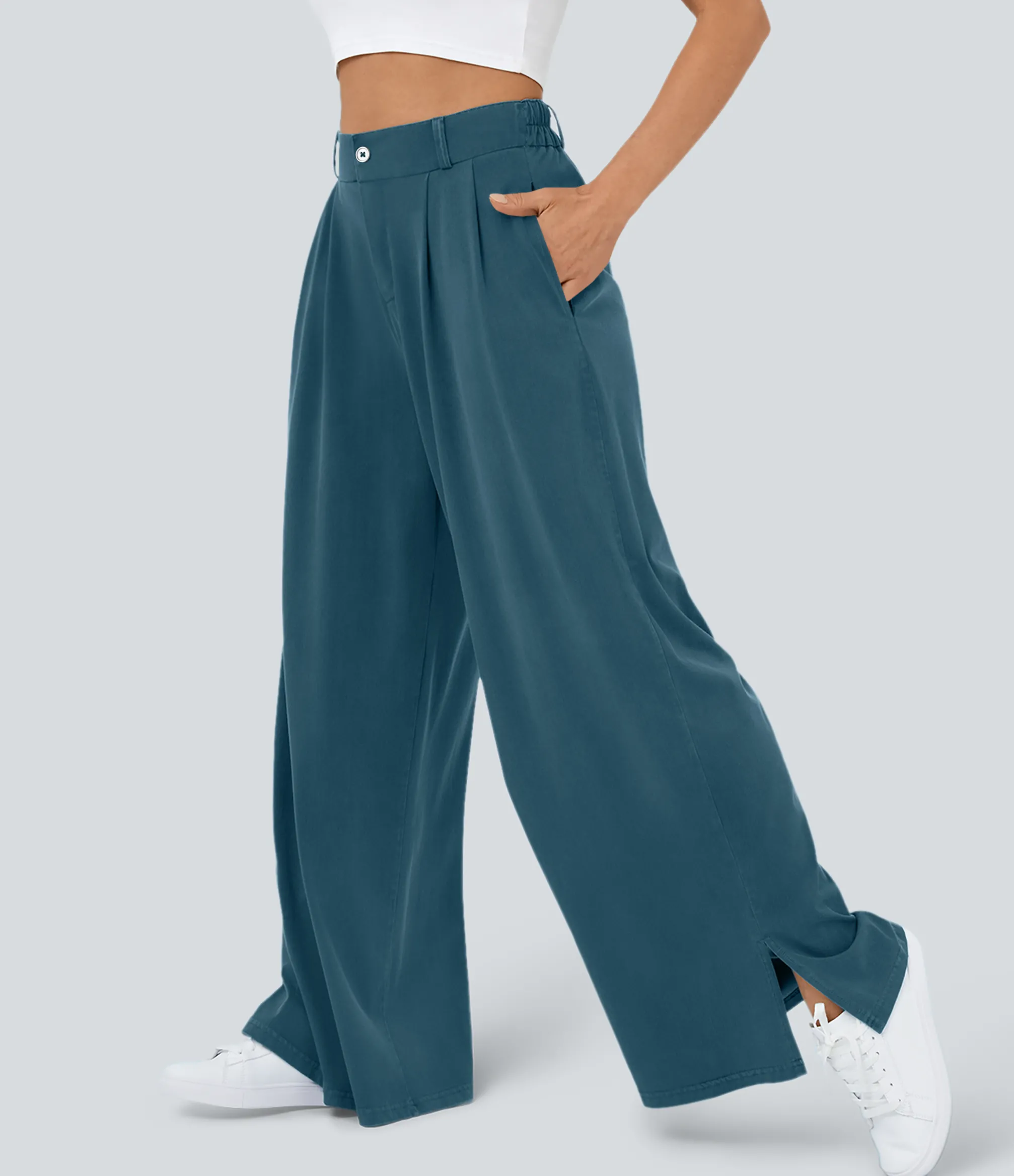 High-Waisted Pants|Wide-Leg Pants<HALARA High Waisted Zipper Pocket Hem Wide Leg Casual Pants