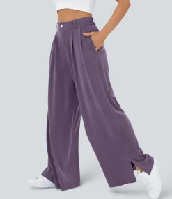 High-Waisted Pants|Wide-Leg Pants<HALARA High Waisted Zipper Pocket Hem Wide Leg Casual Pants