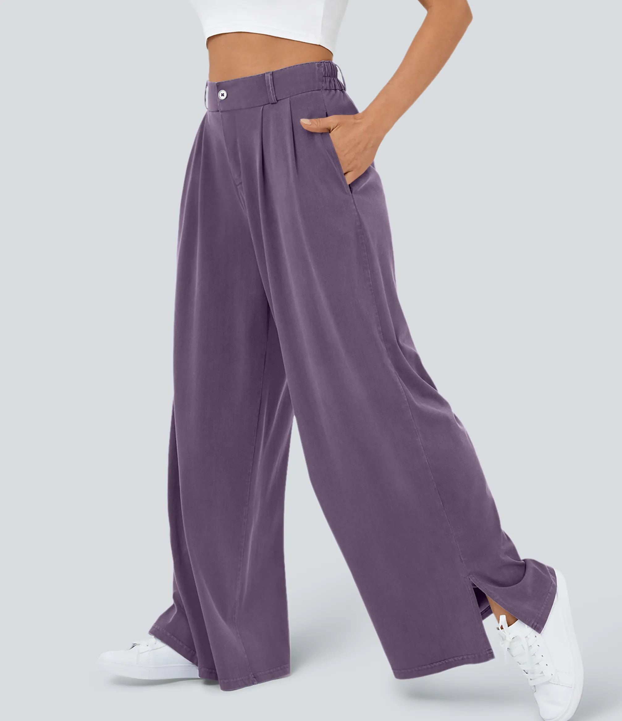 High-Waisted Pants|Wide-Leg Pants<HALARA High Waisted Zipper Pocket Hem Wide Leg Casual Pants