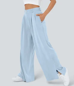 High-Waisted Pants|Wide-Leg Pants<HALARA High Waisted Zipper Pocket Hem Wide Leg Casual Pants
