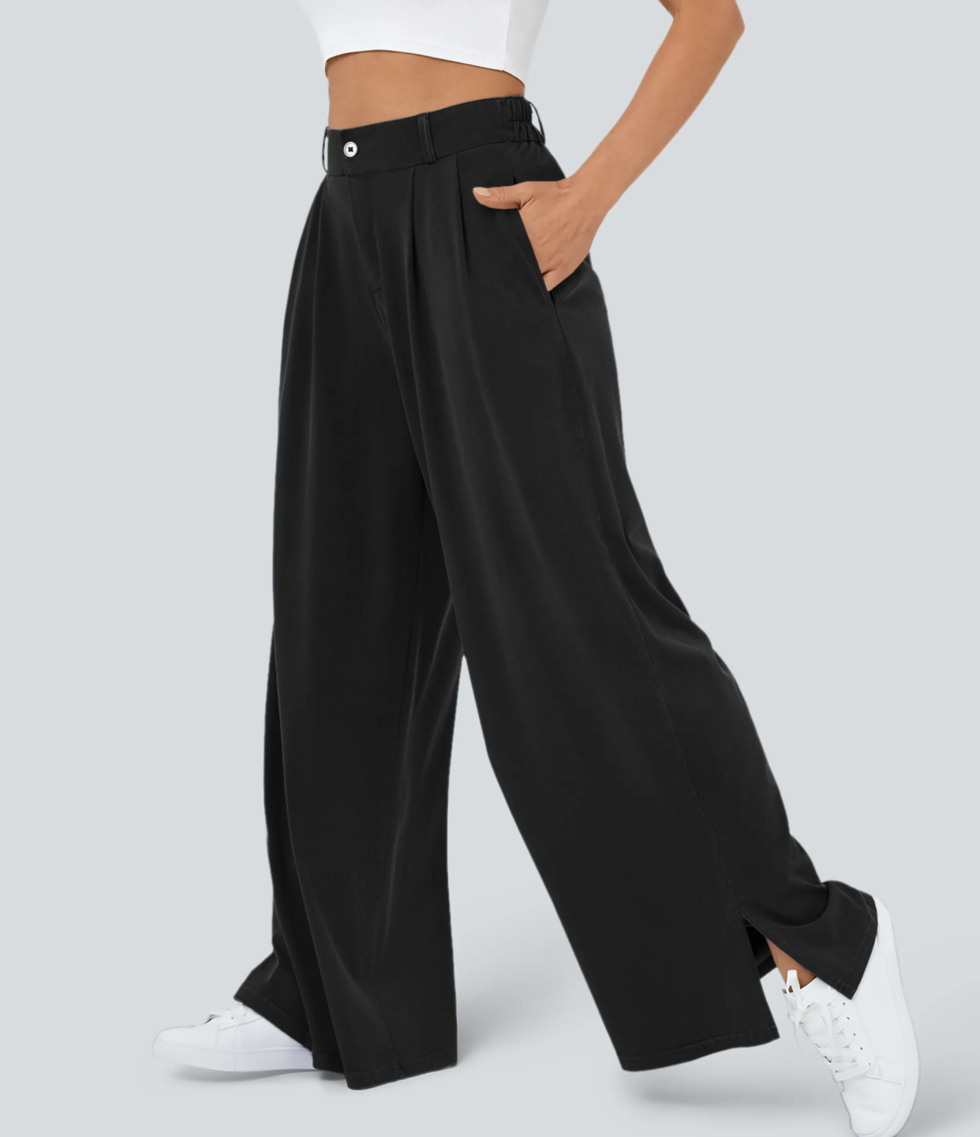 High-Waisted Pants|Wide-Leg Pants<HALARA High Waisted Zipper Pocket Hem Wide Leg Casual Pants