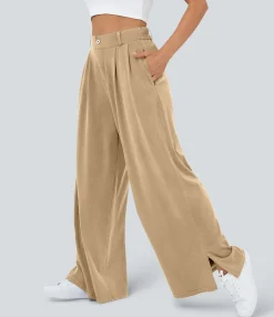 High-Waisted Pants|Wide-Leg Pants<HALARA High Waisted Zipper Pocket Hem Wide Leg Casual Pants
