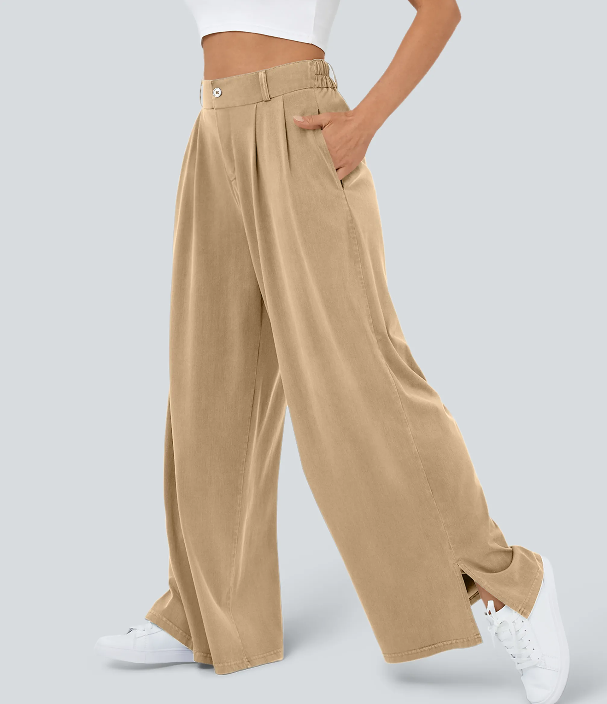 High-Waisted Pants|Wide-Leg Pants<HALARA High Waisted Zipper Pocket Hem Wide Leg Casual Pants