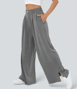 High-Waisted Pants|Wide-Leg Pants<HALARA High Waisted Zipper Pocket Hem Wide Leg Casual Pants