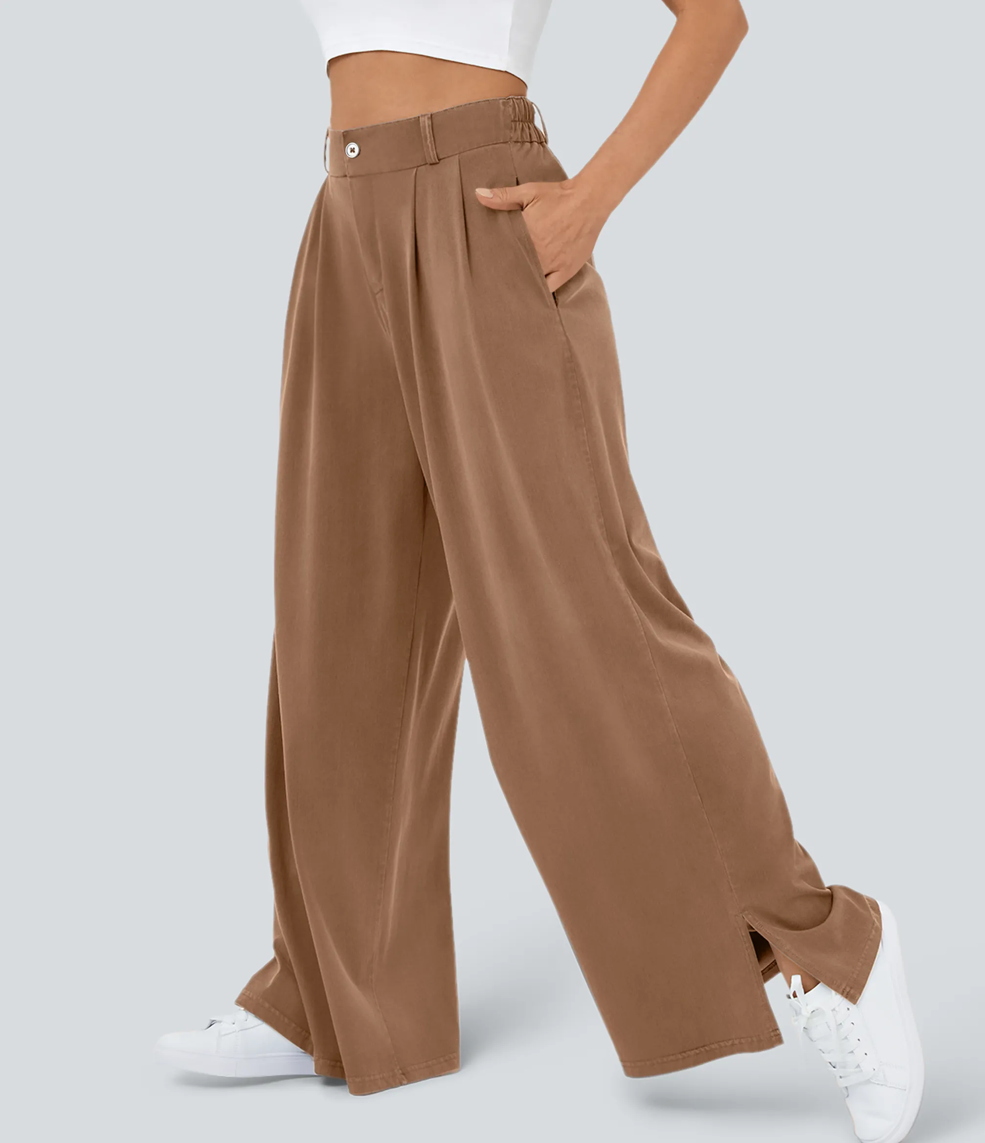 High-Waisted Pants|Wide-Leg Pants<HALARA High Waisted Zipper Pocket Hem Wide Leg Casual Pants