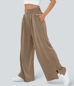 High-Waisted Pants|Wide-Leg Pants<HALARA High Waisted Zipper Pocket Hem Wide Leg Casual Pants