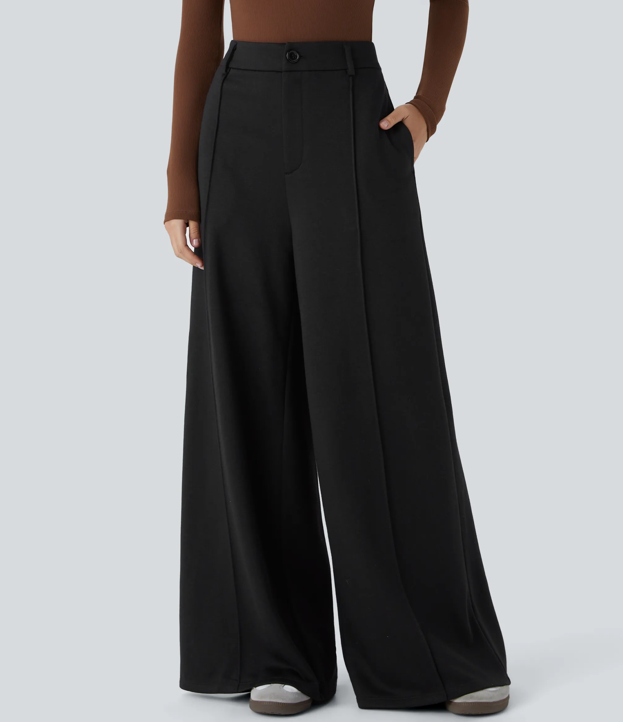 High-Waisted Pants|Wide-Leg Pants<HALARA High Waisted Zipper Pocket Fleece Wide Leg Casual Pants