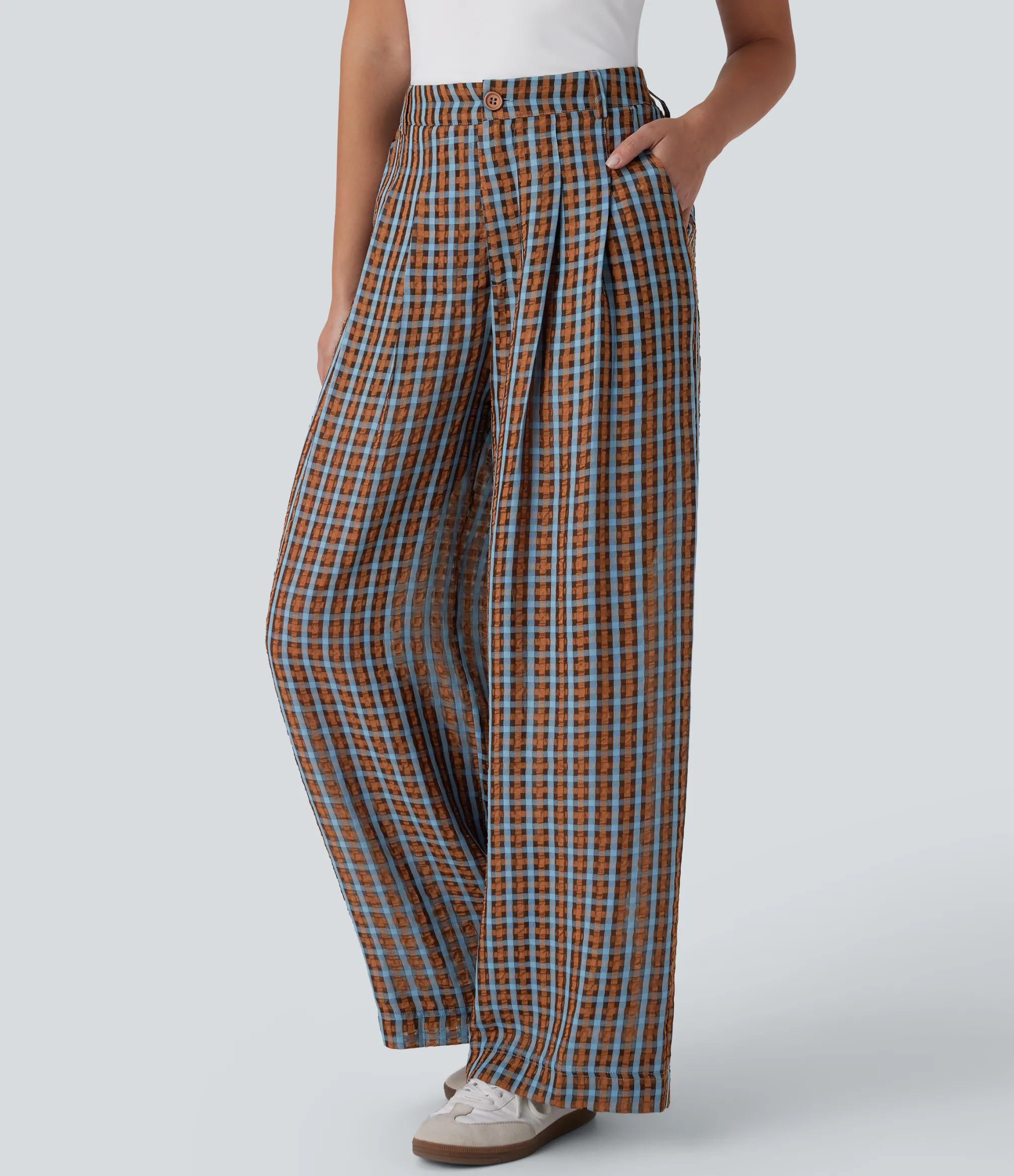High-Waisted Pants|Wide-Leg Pants<HALARA High Waisted Zipper Pocket Wide Leg Plaid Flowy Casual Pants