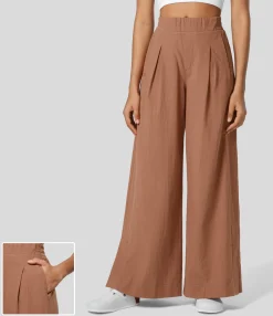 High-Waisted Pants|Pants<HALARA High Waisted Zipper Pocket Hem Wide Leg Palazzo Casual Linen-Feel Pants