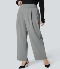 Plus Size<HALARA High Waisted Zipper Pocket Shirred Straight Leg Work Plus Size Pants