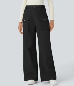 High-Waisted Pants|Pants<HALARA High Waisted Zipper Side Flap Cargo Pocket Wide Leg Casual Linen-Feel Pants