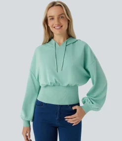 Sweatshirts & Hoodies<HALARA Hooded Drawstring Bishop Sleeve Contrast Ribbed Relaxed Casual Sweatshirt