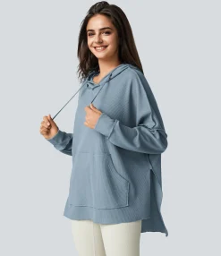 Sweatshirts & Hoodies<HALARA Hooded Drawstring Kangaroo Pocket Hem High Low Oversize Casual Waffle Sweatshirt