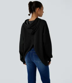 Sweatshirts & Hoodies<HALARA Hooded Drawstring Long Sleeve Kangaroo Pocket Crossover Casual Sweatshirt