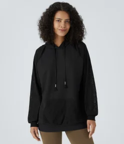 Sweatshirts & Hoodies<HALARA Hooded Drawstring Long Sleeve Kangaroo Pocket Contrast Lace Waffle Casual Hoodie Sweatshirt