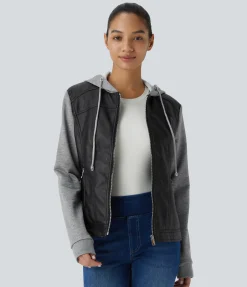 Jackets & Outerwear<HALARA Hooded Drawstring Pocket Zipper Contrast Faux Leather Casual Jacket
