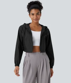 Jackets & Outerwear<HALARA Hooded Drawstring Zipper Long Sleeve Pocket Cropped Casual Jacket-UPF40+