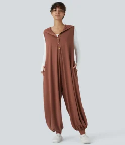 Jumpsuits<HALARA Hooded Front Sleeveless Pocket Draped Casual Jogger Jumpsuit