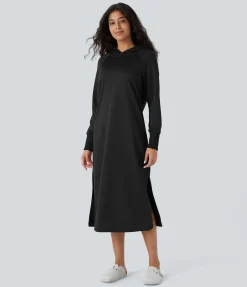Dresses|Maxi & Midi Dresses<HALARA Hooded Long Sleeve Midi Casual Dress