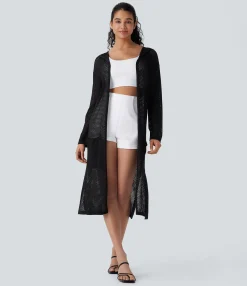 Sweaters<HALARA Hooded Long Sleeve Open Pocket Cut Out Longline Casual Cardigan