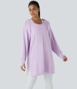 Sweatshirts & Hoodies<HALARA Hooded V Neck Drawstring Thumb Hole Longline Casual Sweatshirt