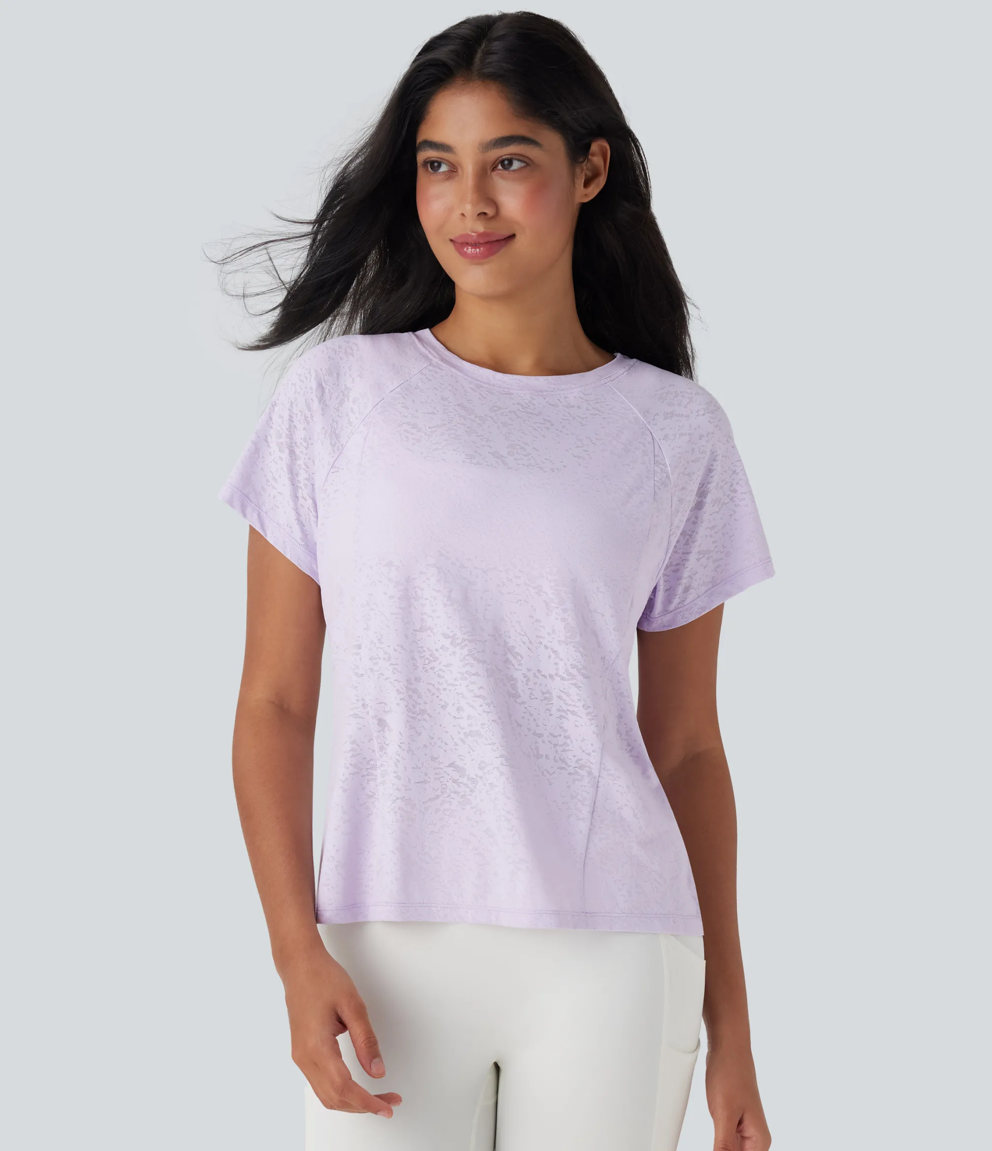 Sports Tops|Sports Tops<HALARA Jacquard Round Neck Raglan Sleeve Yoga Sports Top
