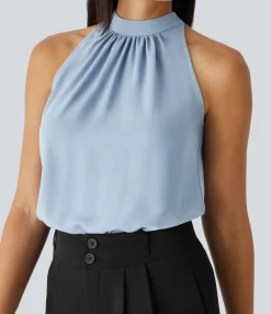 Work Tops|Shirts Blouses<HALARA Keyhole Back Halter Sleeveless Curved Hem Work Blouse