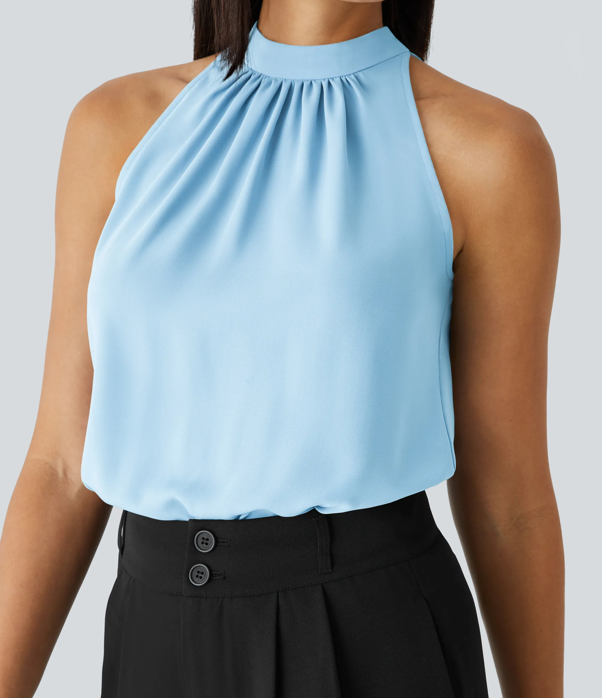 Work Tops|Shirts Blouses<HALARA Keyhole Back Halter Sleeveless Curved Hem Work Blouse