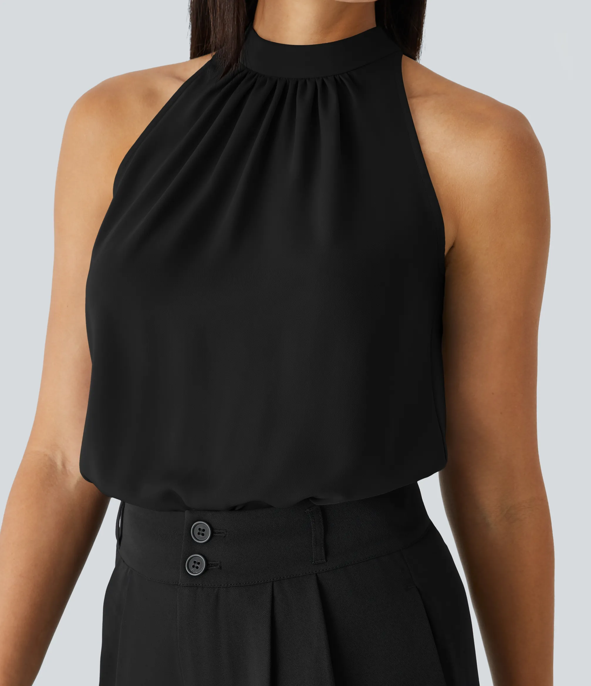 Work Tops|Shirts Blouses<HALARA Keyhole Back Halter Sleeveless Curved Hem Work Blouse