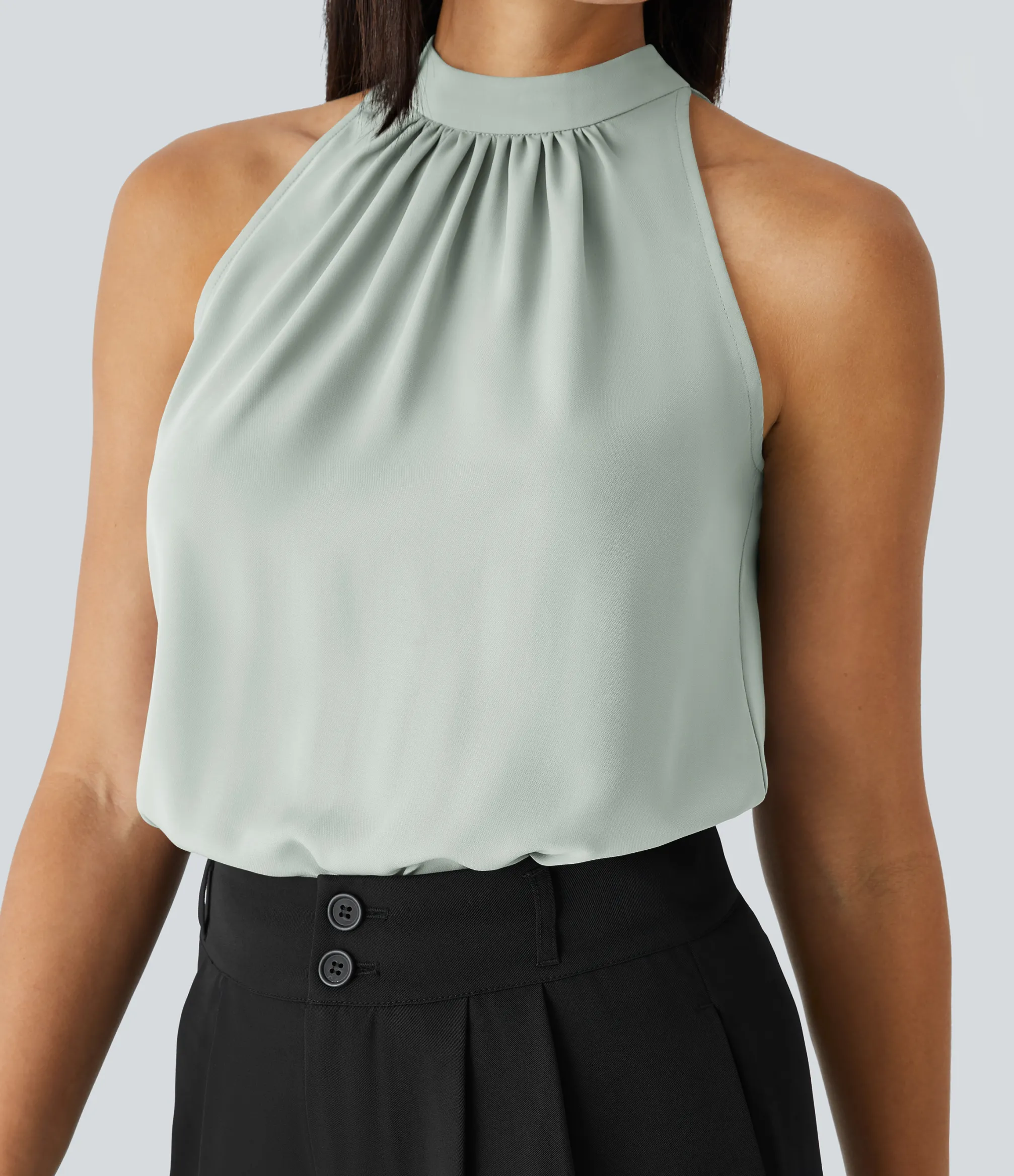 Work Tops|Shirts Blouses<HALARA Keyhole Back Halter Sleeveless Curved Hem Work Blouse