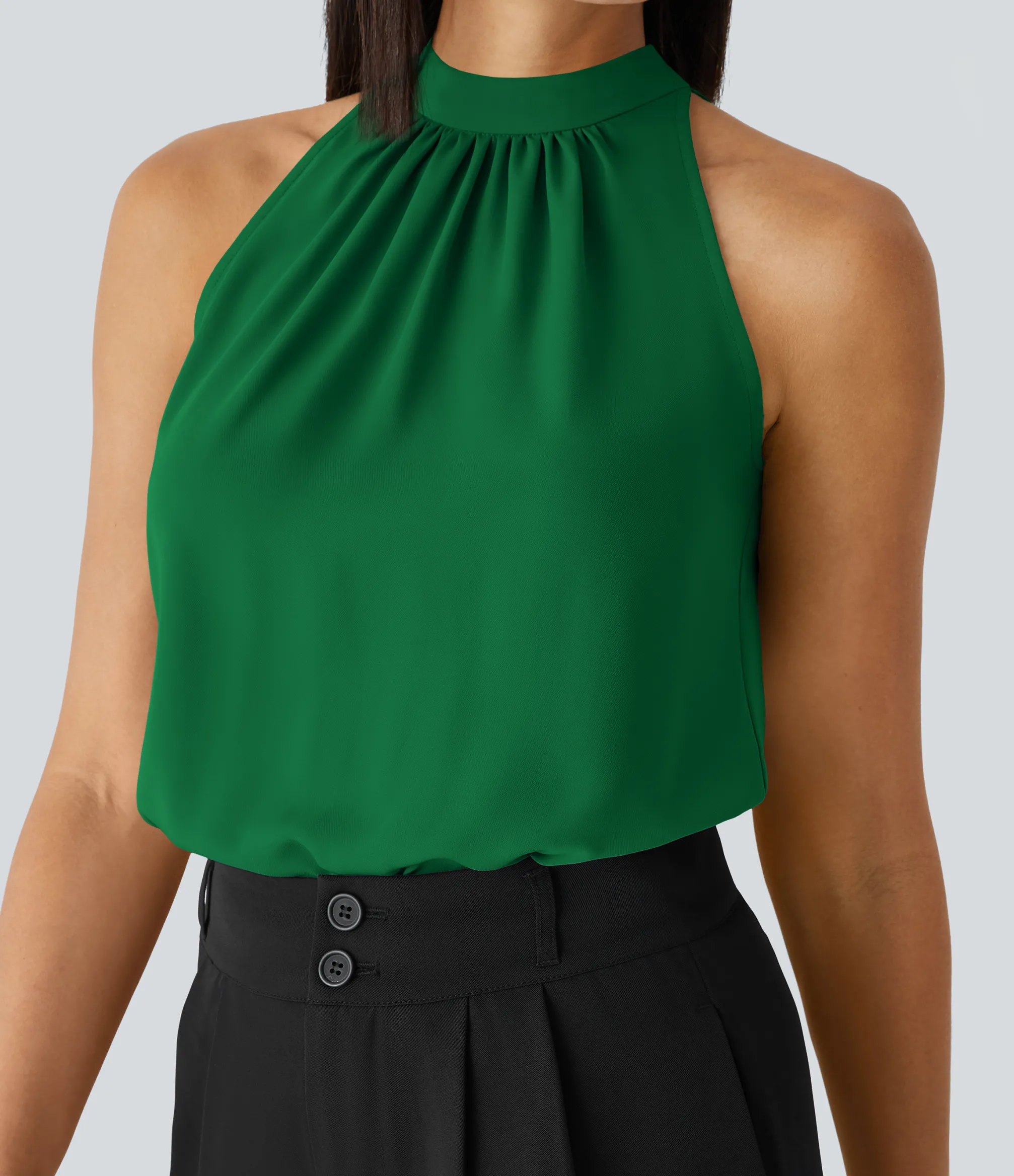 Work Tops|Shirts Blouses<HALARA Keyhole Back Halter Sleeveless Curved Hem Work Blouse