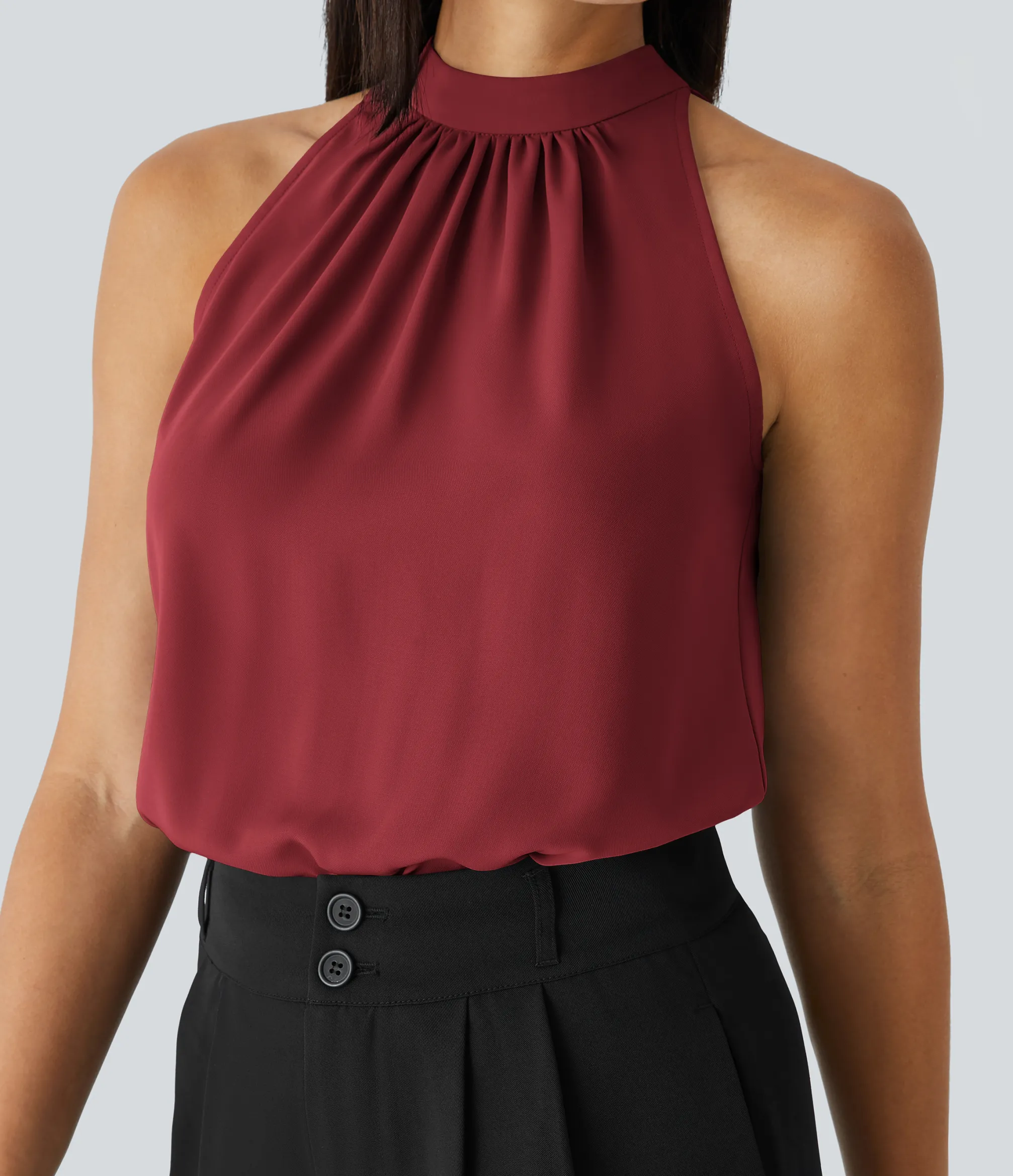 Work Tops|Shirts Blouses<HALARA Keyhole Back Halter Sleeveless Curved Hem Work Blouse