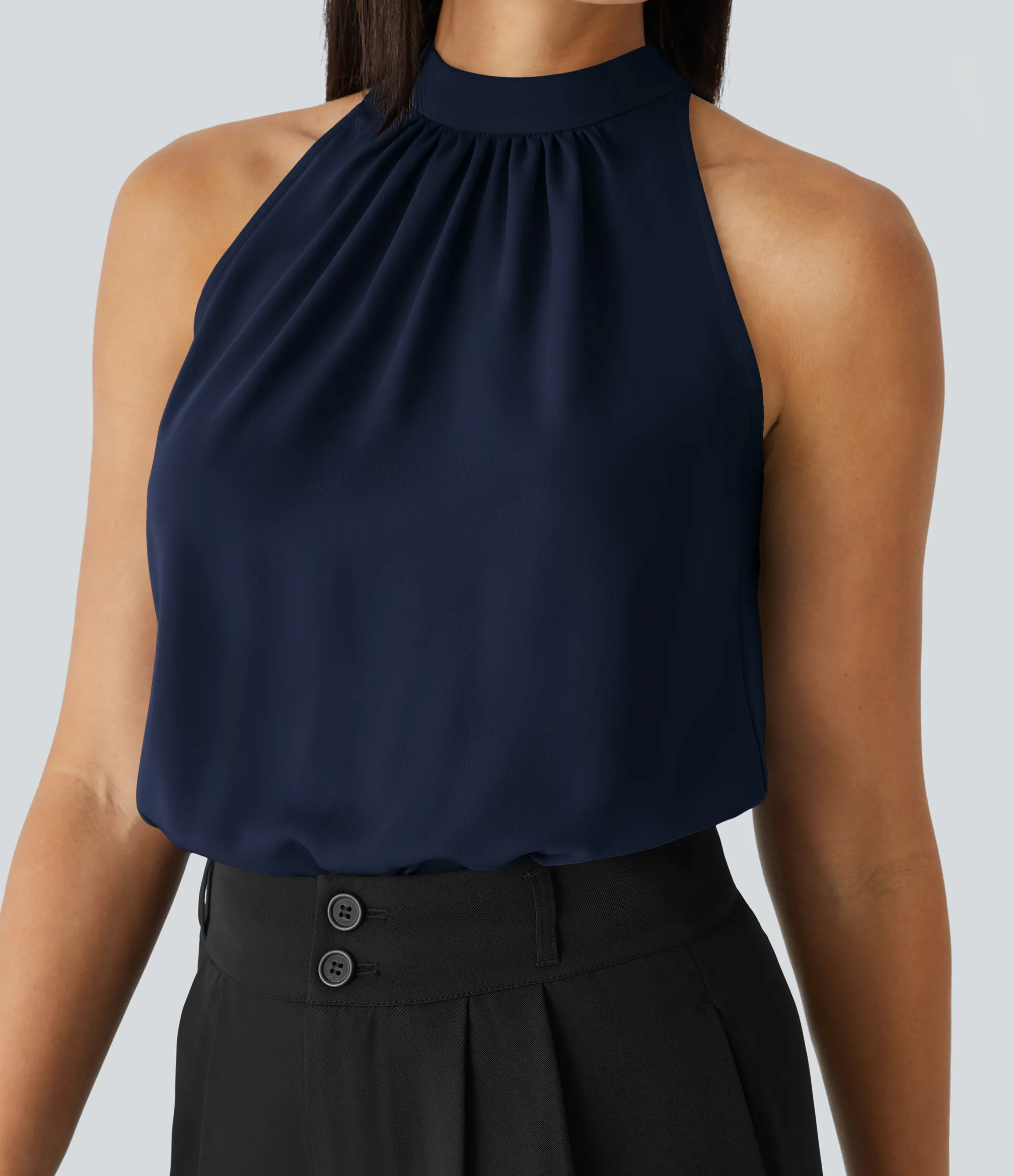 Work Tops|Shirts Blouses<HALARA Keyhole Back Halter Sleeveless Curved Hem Work Blouse