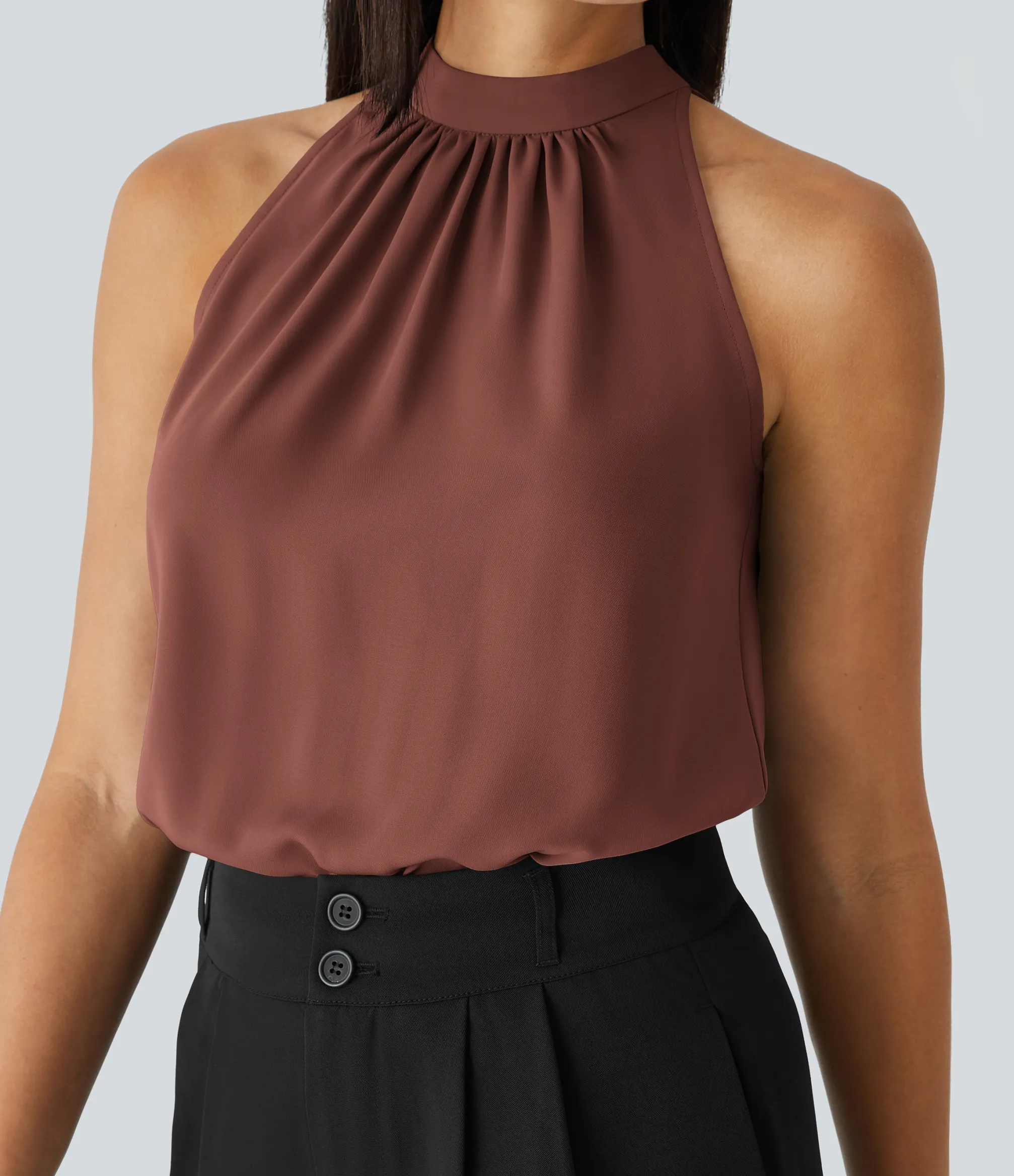 Work Tops|Shirts Blouses<HALARA Keyhole Back Halter Sleeveless Curved Hem Work Blouse