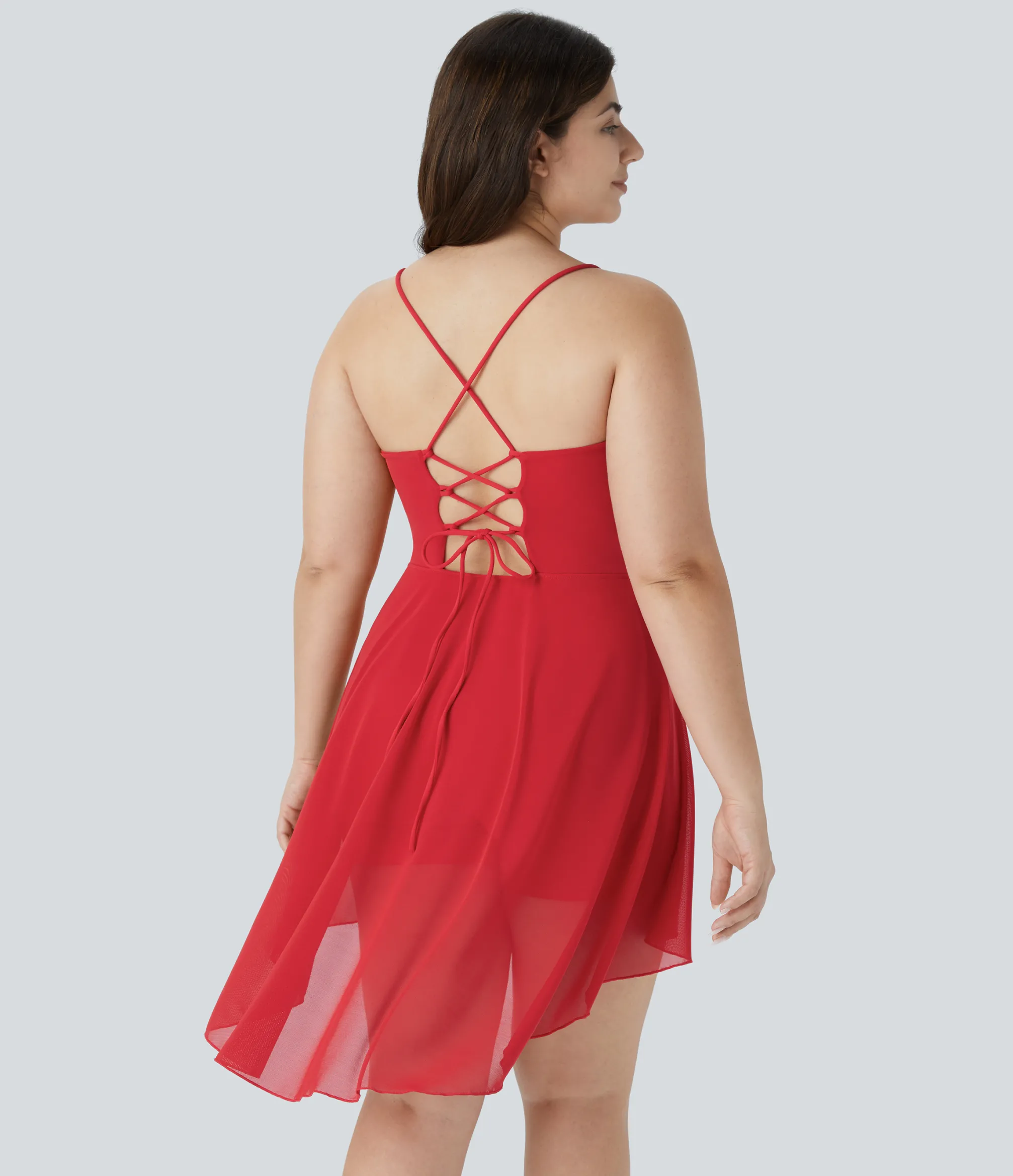 Plus Size<HALARA Lace Up 2-in-1 Pocket High Low Contrast Mesh Flowy Mini Dance Active Plus Size Dress