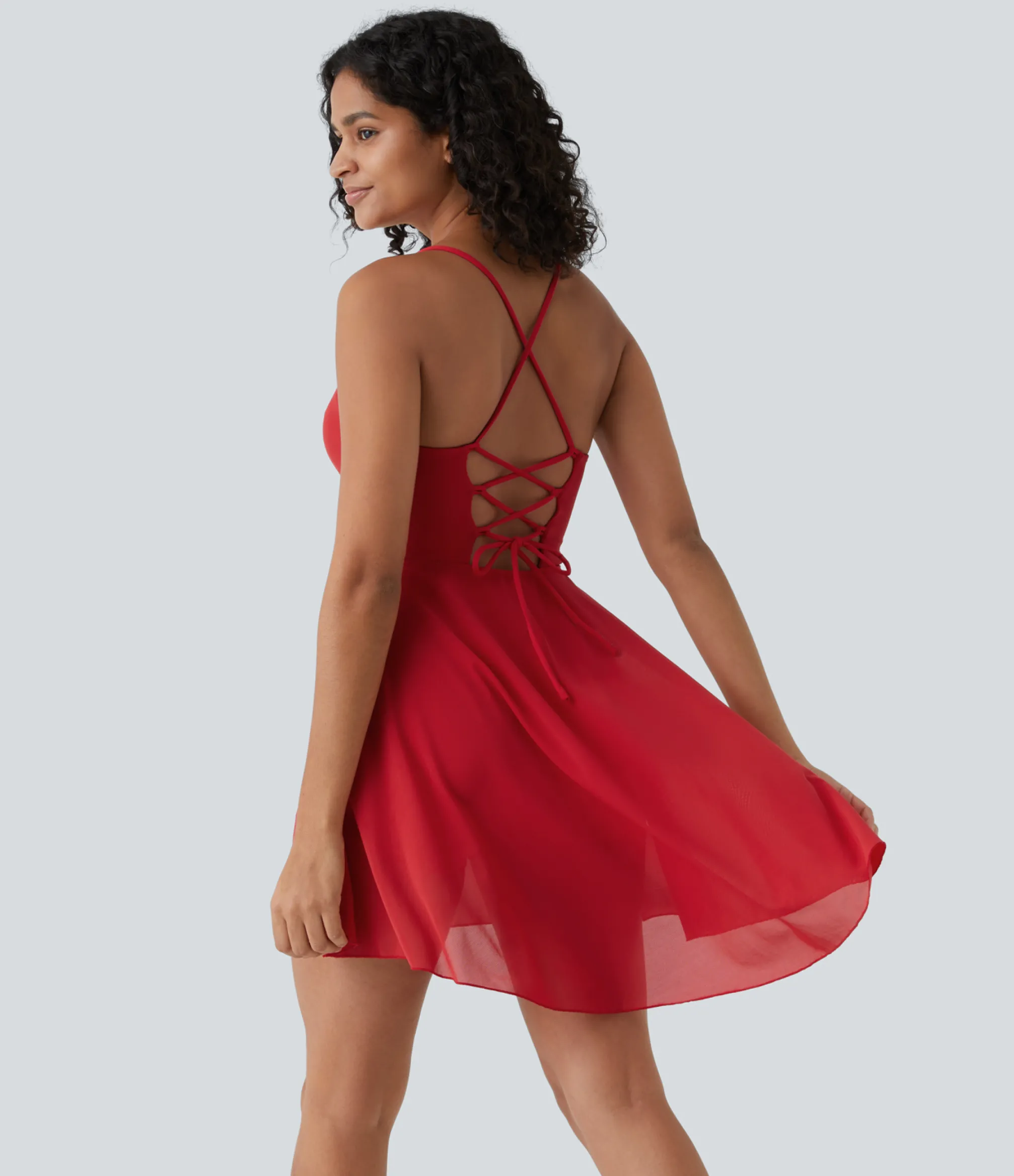 Mini Dresses|Active Dresses<HALARA Lace Up 2-in-1 Pocket High Low Contrast Mesh Flowy Mini Dance Active Dress