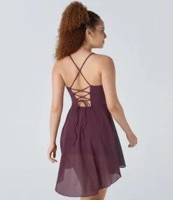 Mini Dresses|Active Dresses<HALARA Lace Up 2-in-1 Pocket High Low Contrast Mesh Flowy Mini Dance Active Dress