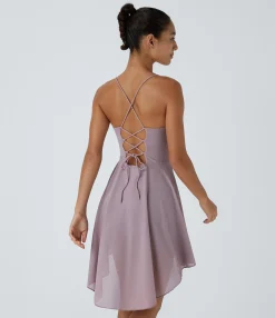 Mini Dresses|Active Dresses<HALARA Lace Up 2-in-1 Pocket High Low Contrast Mesh Flowy Mini Dance Active Dress