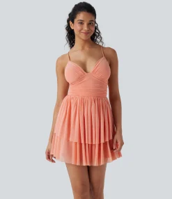Party Dresses|Mini Dresses<HALARA Lace Up Mesh Layered Mini Dress