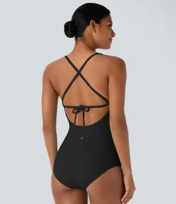 Beachwear<HALARA Lace Up Texture One Piece Swimsuit