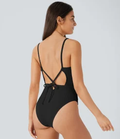 Beachwear<HALARA Lace Up Texture One Piece Swimsuit