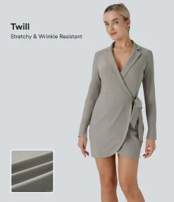 Dresses|Mini Dresses<HALARA Lapel Long Sleeve Cuff Wrapped Tie Side Curved Hem Mini Twill Work Dress