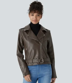 Jackets & Outerwear<HALARA Lapel Snap Pocket Zipper Belted Relaxed Casual PU Biker Jacket